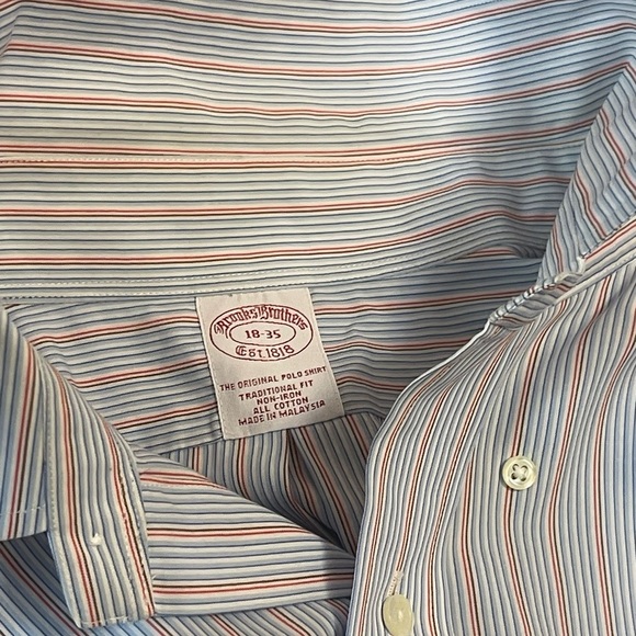 Brooks Brothers Polo Shirt Mens 18-35 Blue White Pink Stripe Non Iron Cotton - Picture 4 of 8